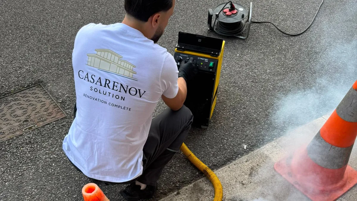 Technicien Casarenov Solution de dos réalisant une recherche de fuite, logo de la marque visible sur le t-shirt